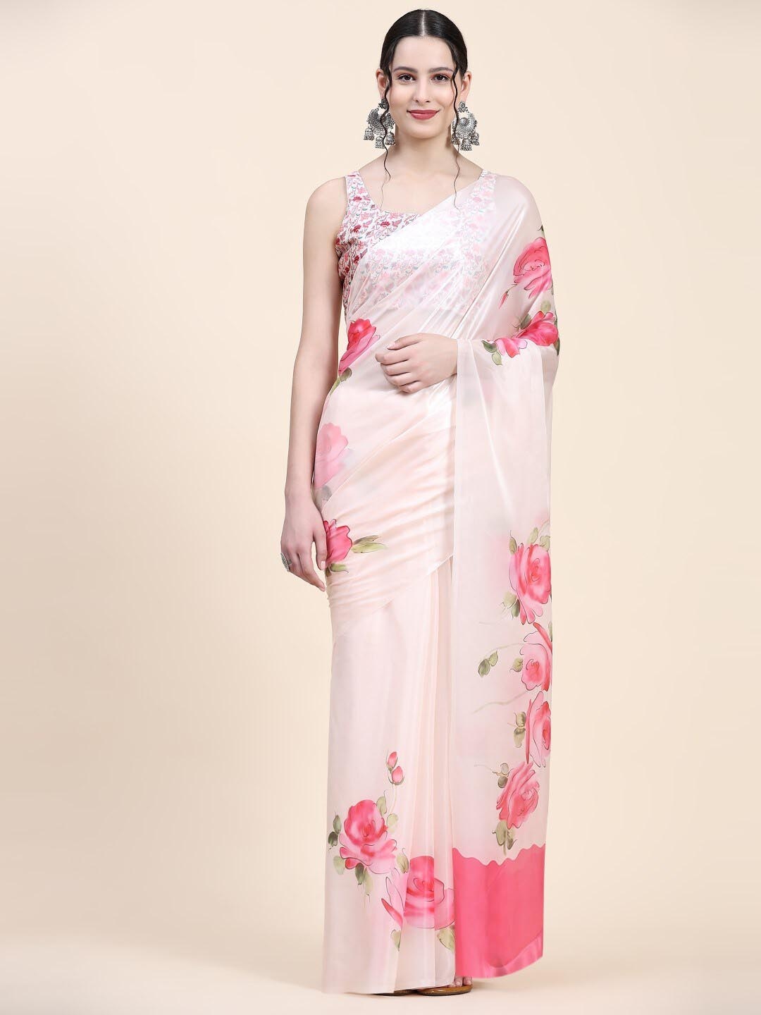 

PRATIBIMB Floral Printed Organza Saree, Beige