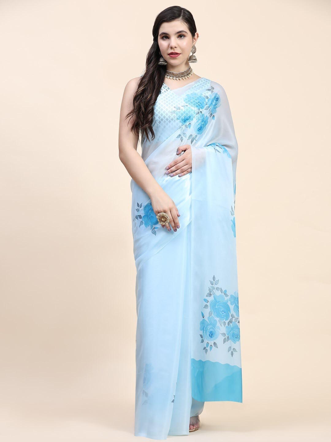 

PRATIBIMB Floral Printed Organza Block Print Saree, Blue