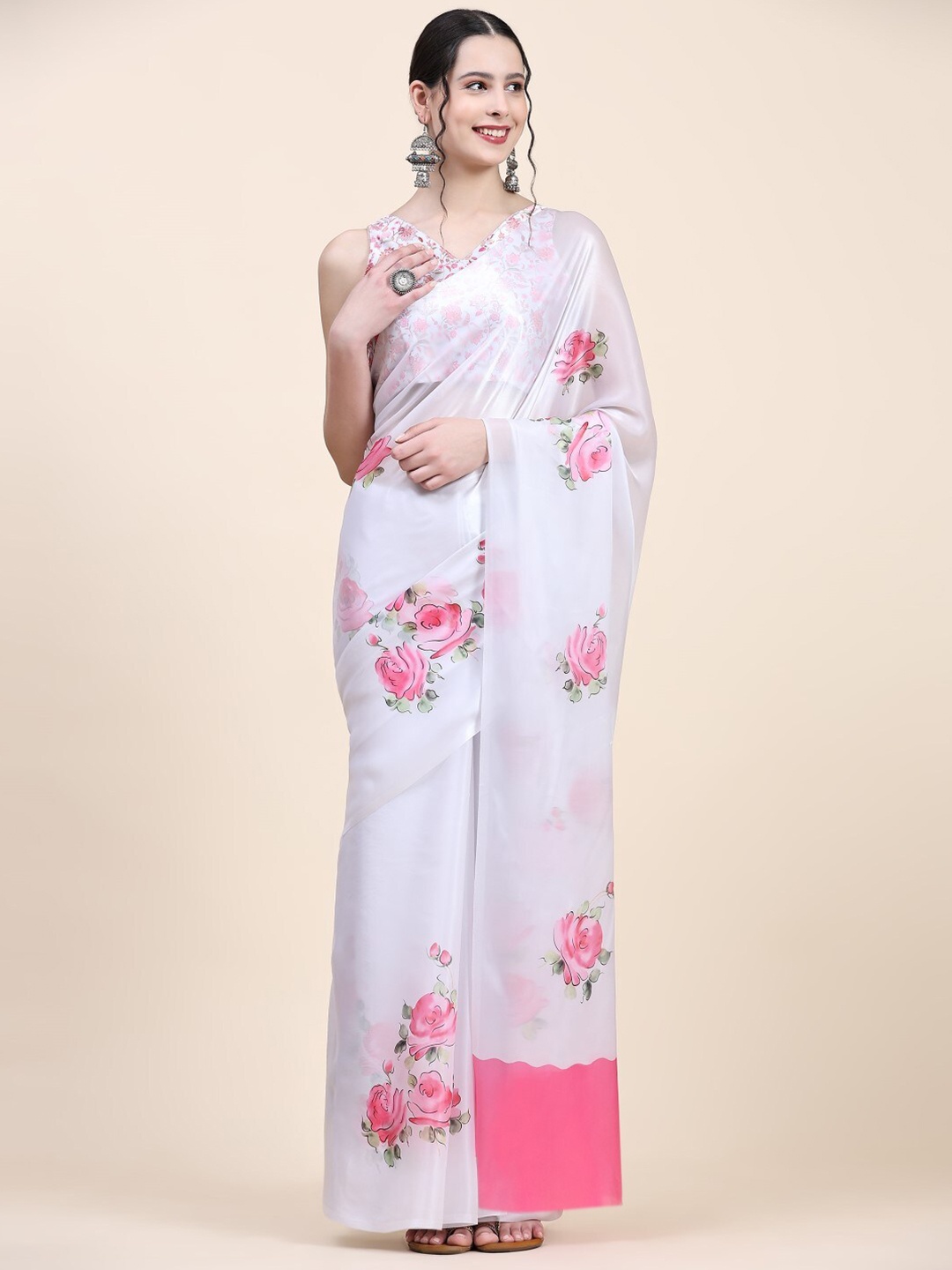 

PRATIBIMB Floral Printed Organza Saree, Pink