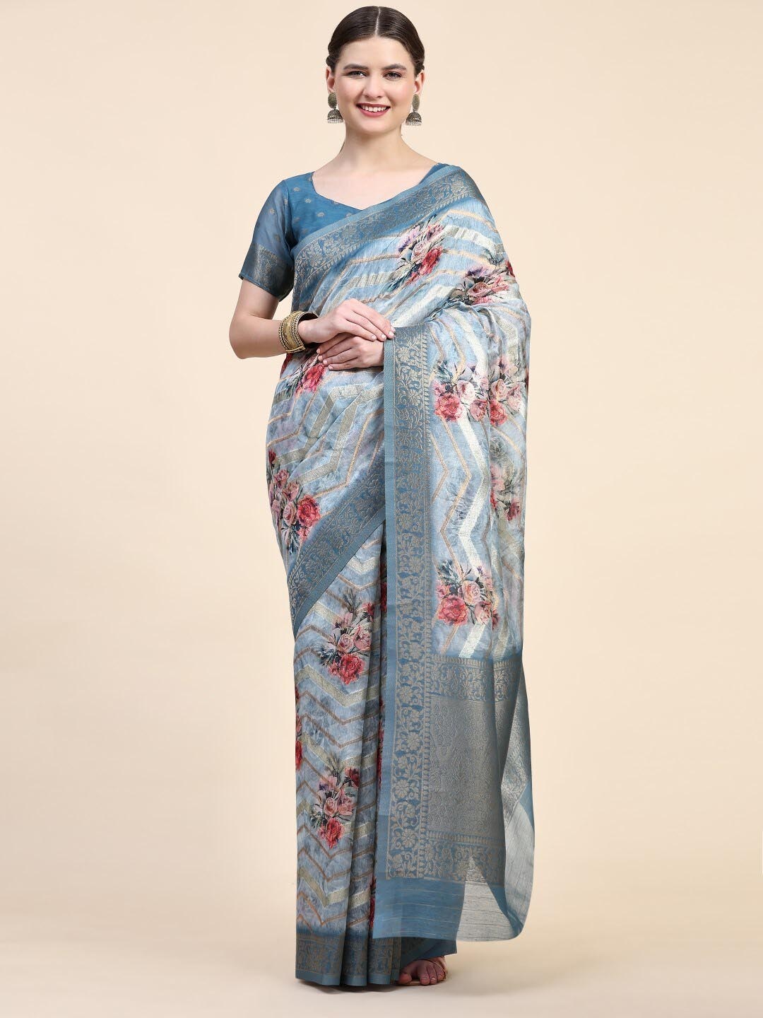 

PRATIBIMB Floral Woven Design Zari Pure Cotton Block Print Saree, Grey
