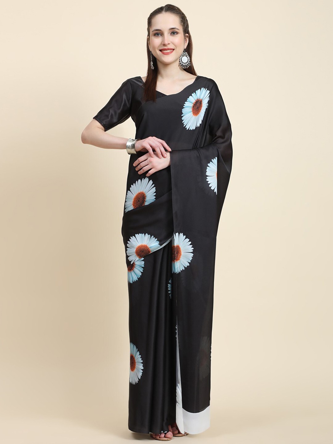 

PRATIBIMB Floral Block Print Satin Saree, Black