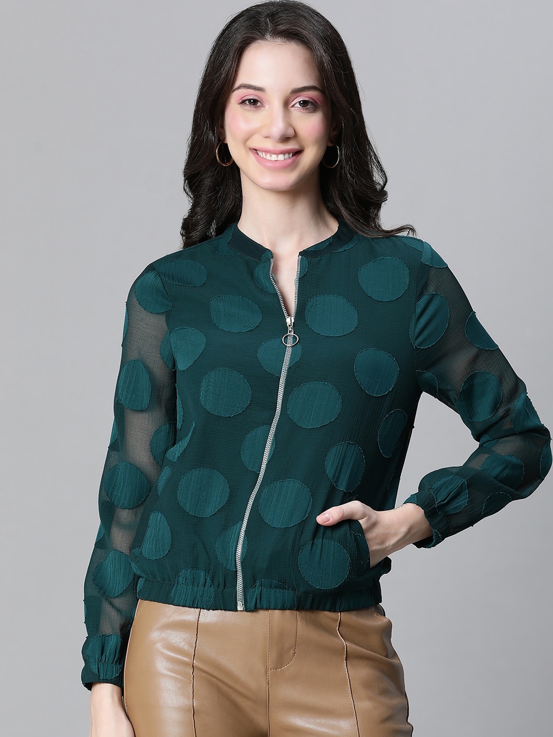 

Oxolloxo Polka Dots Self Design Lightweight Cycling Bomber Jacket, Green