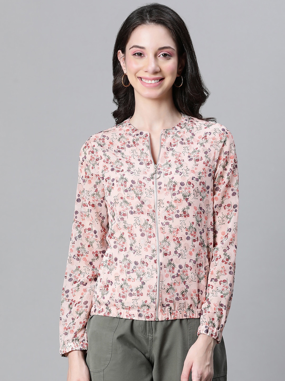 

Oxolloxo Floral Printed Lightweight Collarless Tailored Jacket, Peach