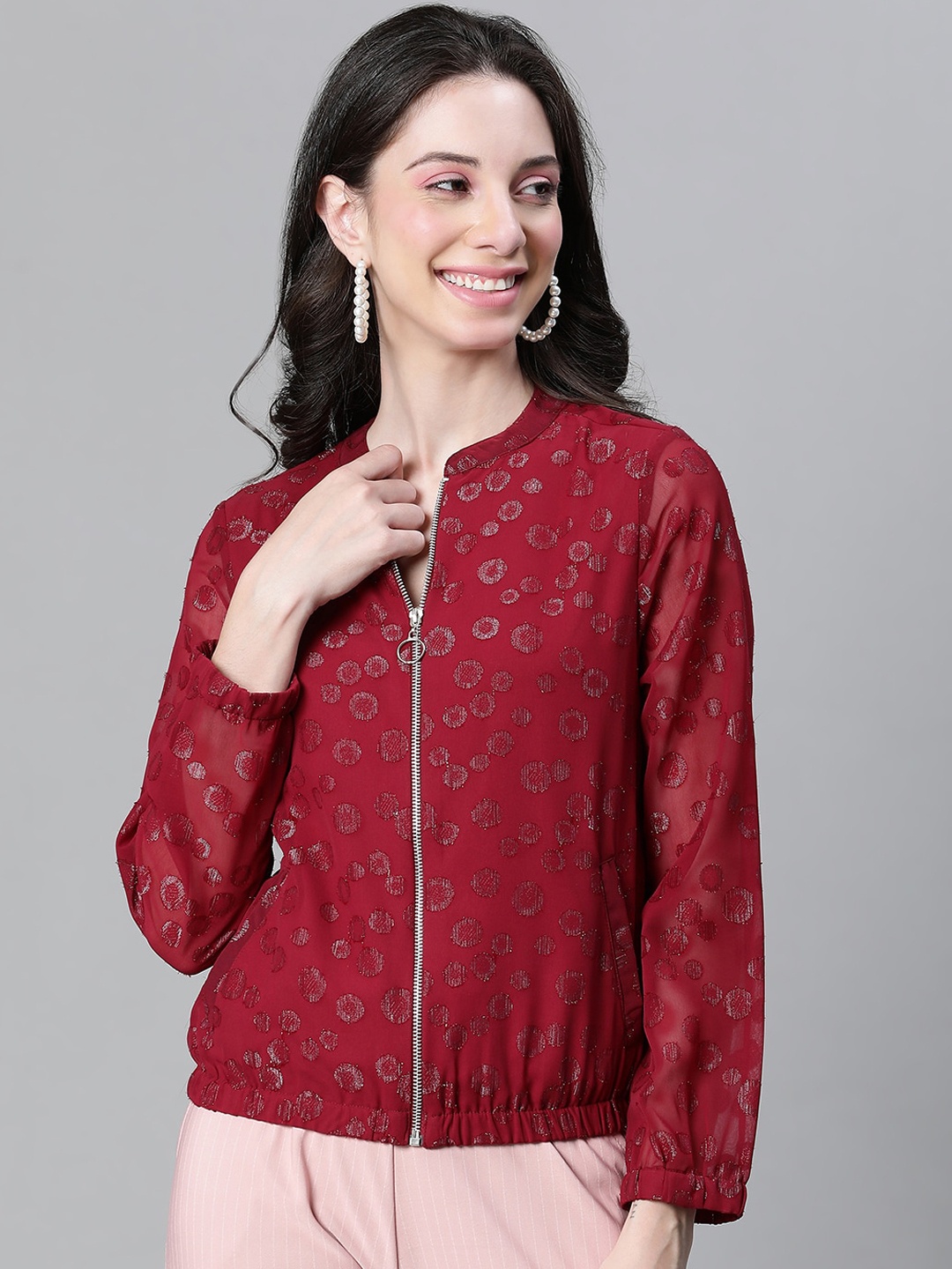 

Oxolloxo Polka Dots Self Design Lightweight Collarless Tailored Jacket, Maroon