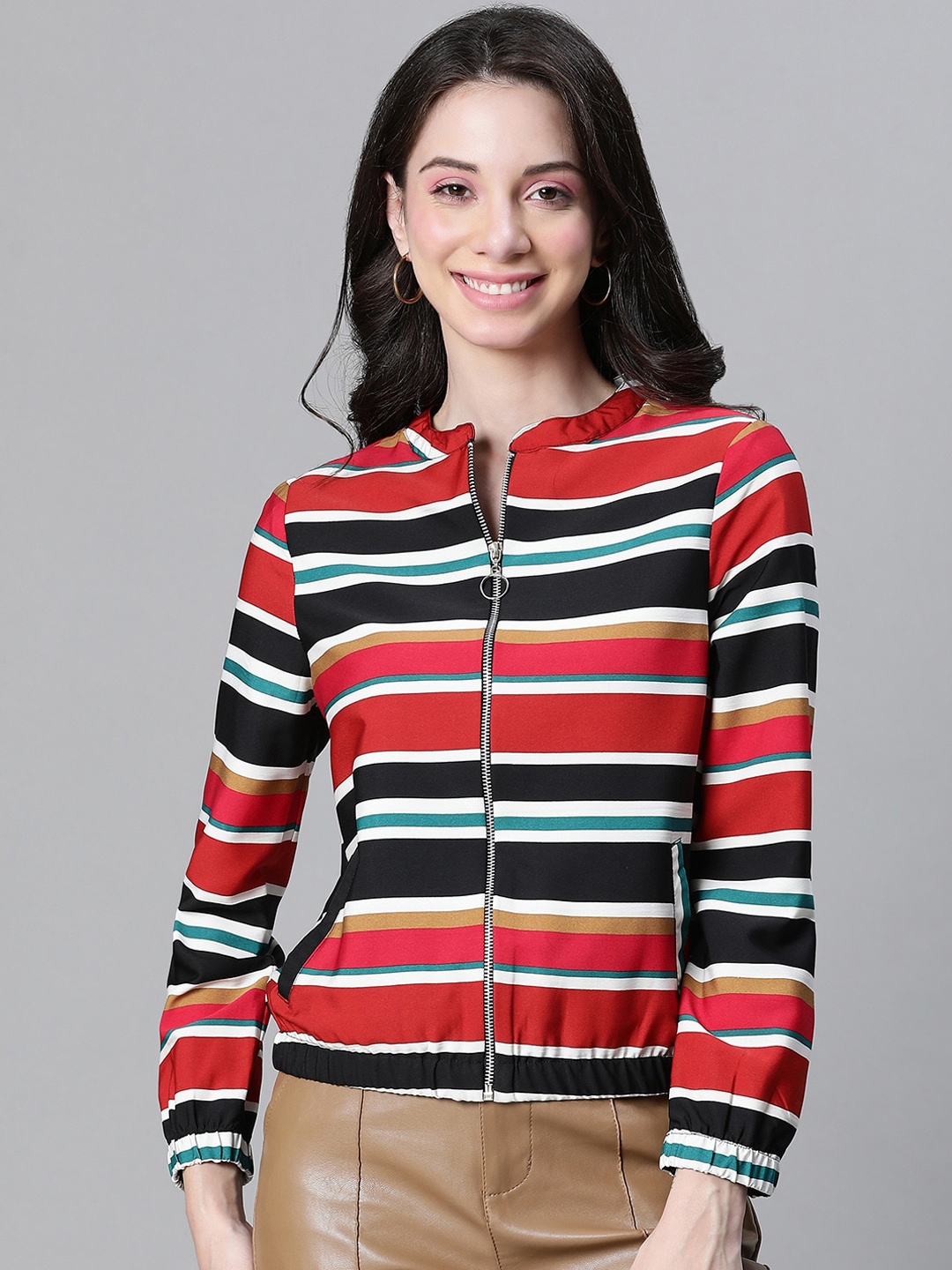 

Oxolloxo Striped Lightweight Stand Collar Bomber Jacket, Red