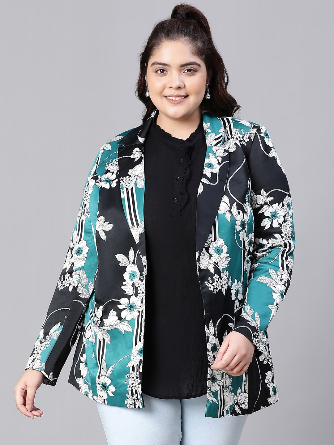 Oxolloxo Floral Printed Single Breasted Blazer, Blue