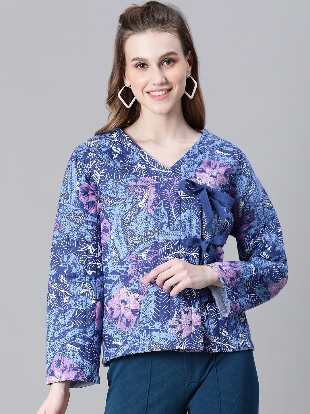 

Oxolloxo Floral Printed V-Neck Insulator Cotton Quilted Jacket, Blue