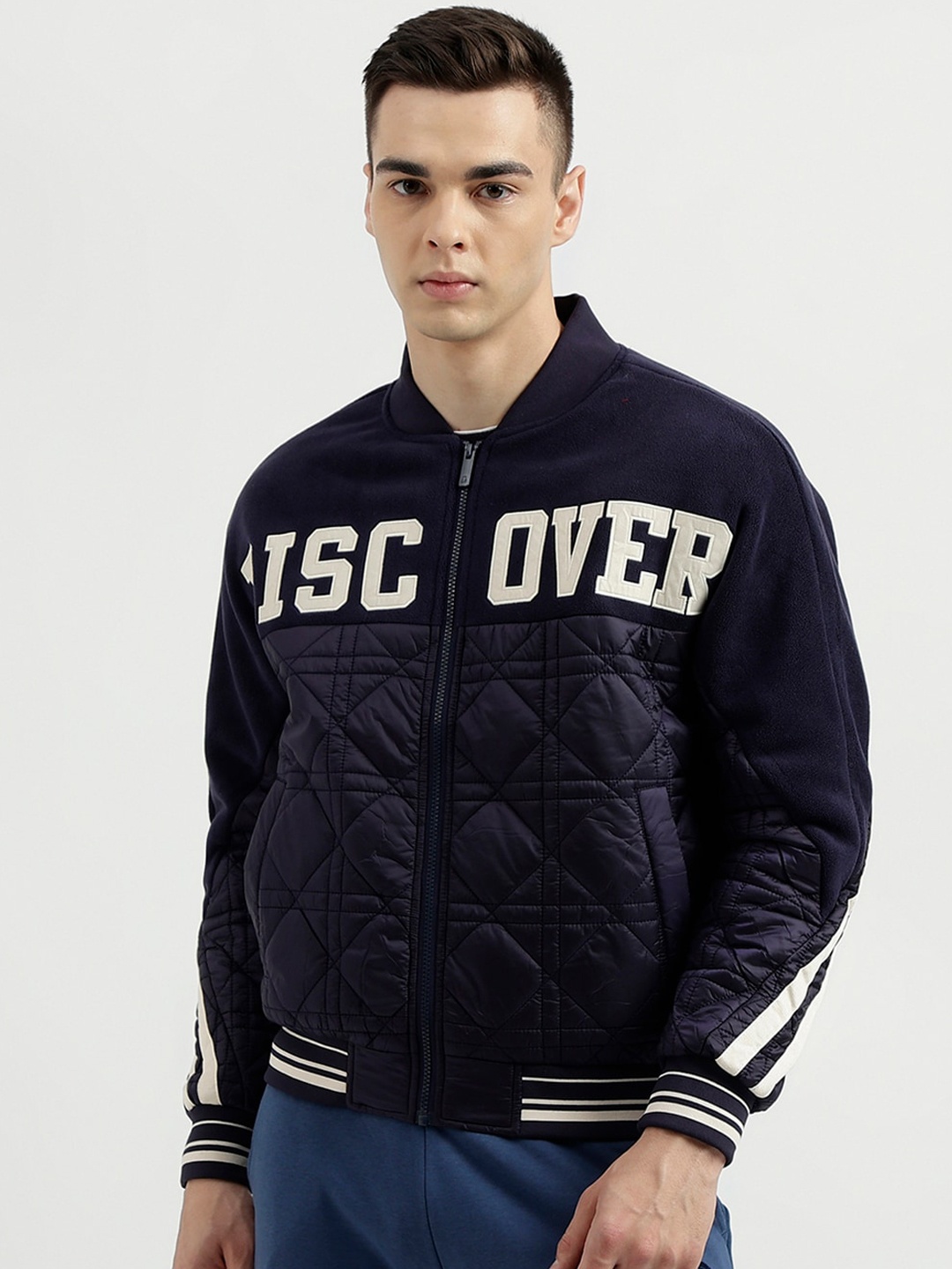 

United Colors of Benetton Typography Printed Stand Collar Bomber Jacket, Blue