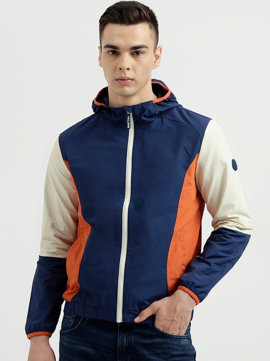

United Colors of Benetton Colourblocked Hooded Open Front Jacket, Blue