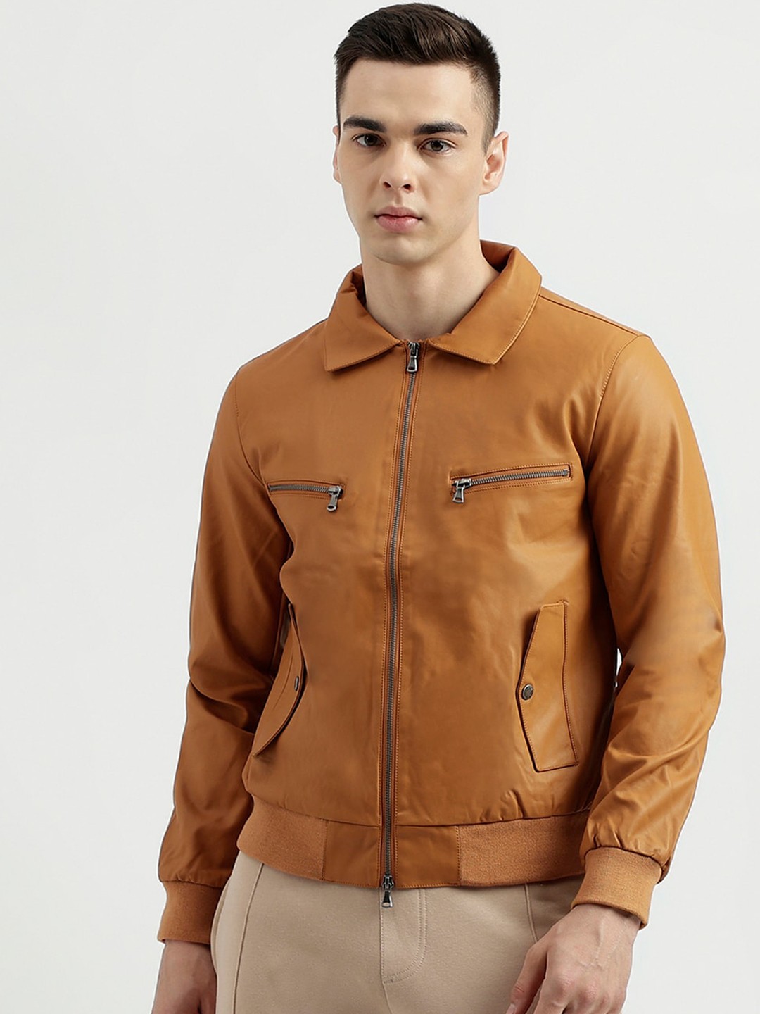 

United Colors of Benetton Spread Collar Long Sleeves Leather Jacket, Brown