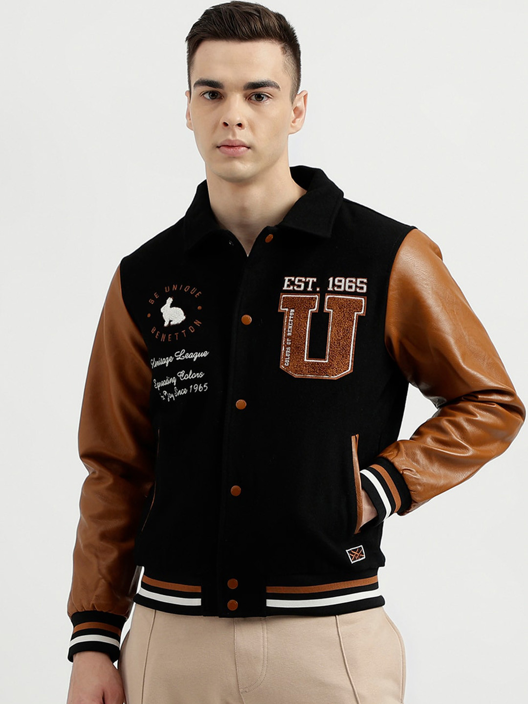 

United Colors of Benetton Typography Printed Spread Collar Bomber Jacket, Brown