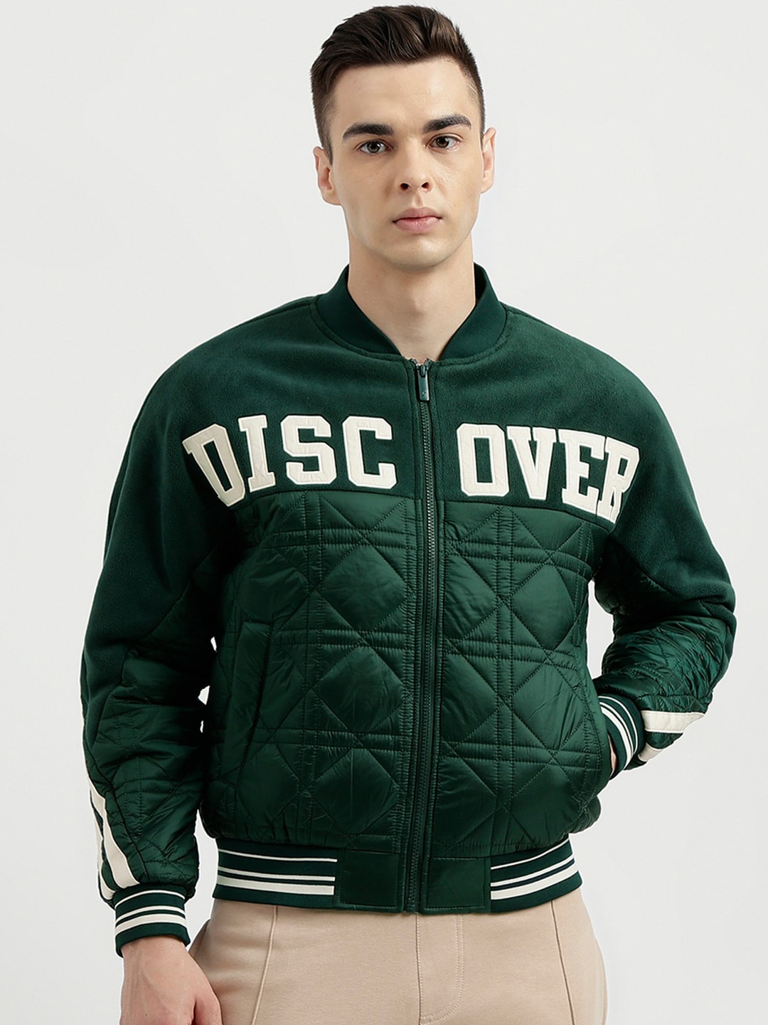 

United Colors of Benetton Typography Printed Stand Collar Bomber Jacket, Green