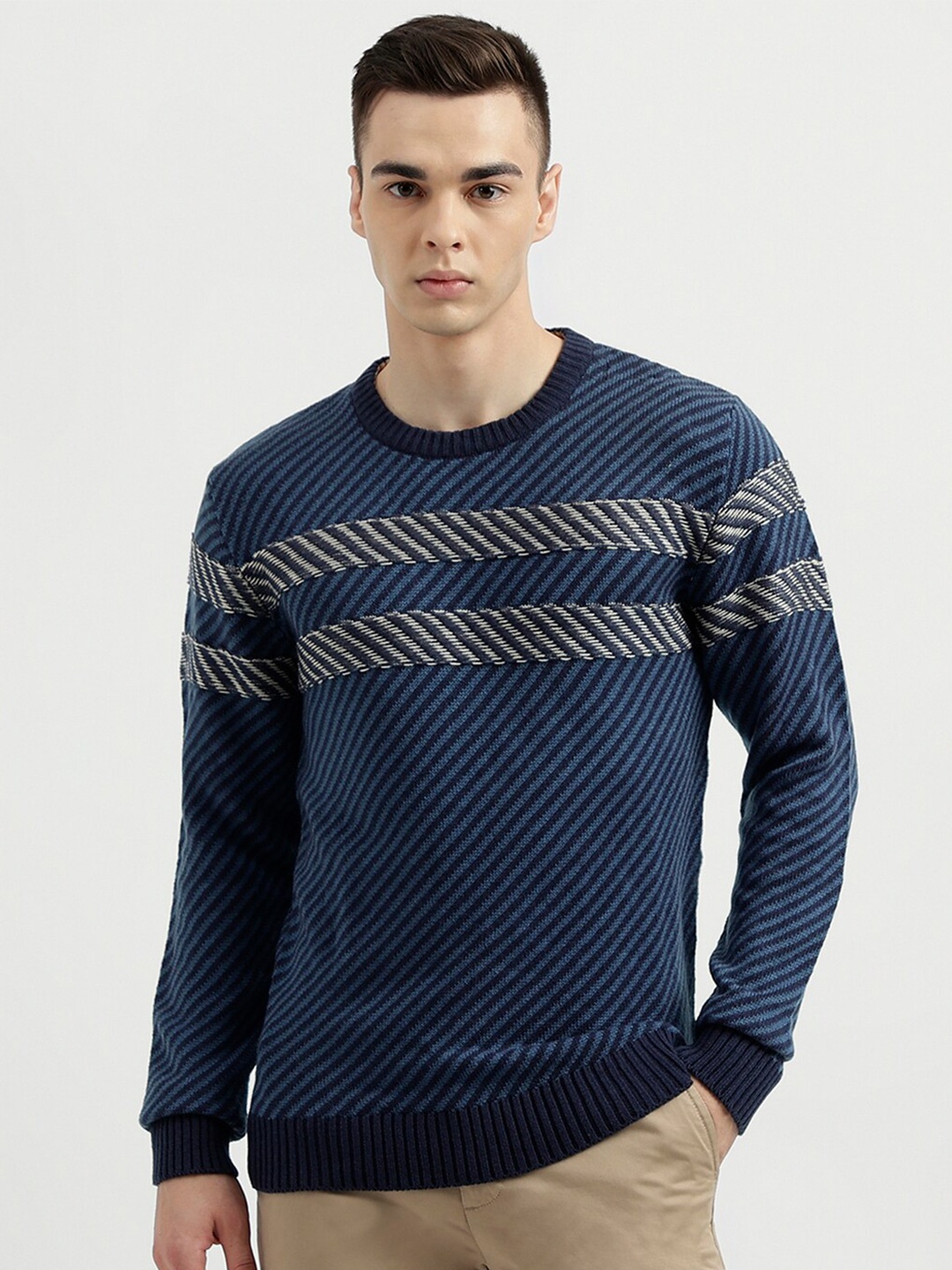 

United Colors of Benetton Striped Long Sleeves Pullover Sweater, Navy blue