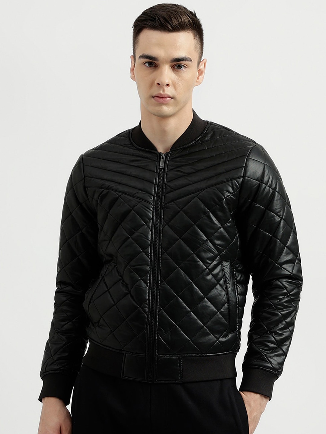 United Colors of Benetton Self Design Stand Collar Quilted Jacket, Black