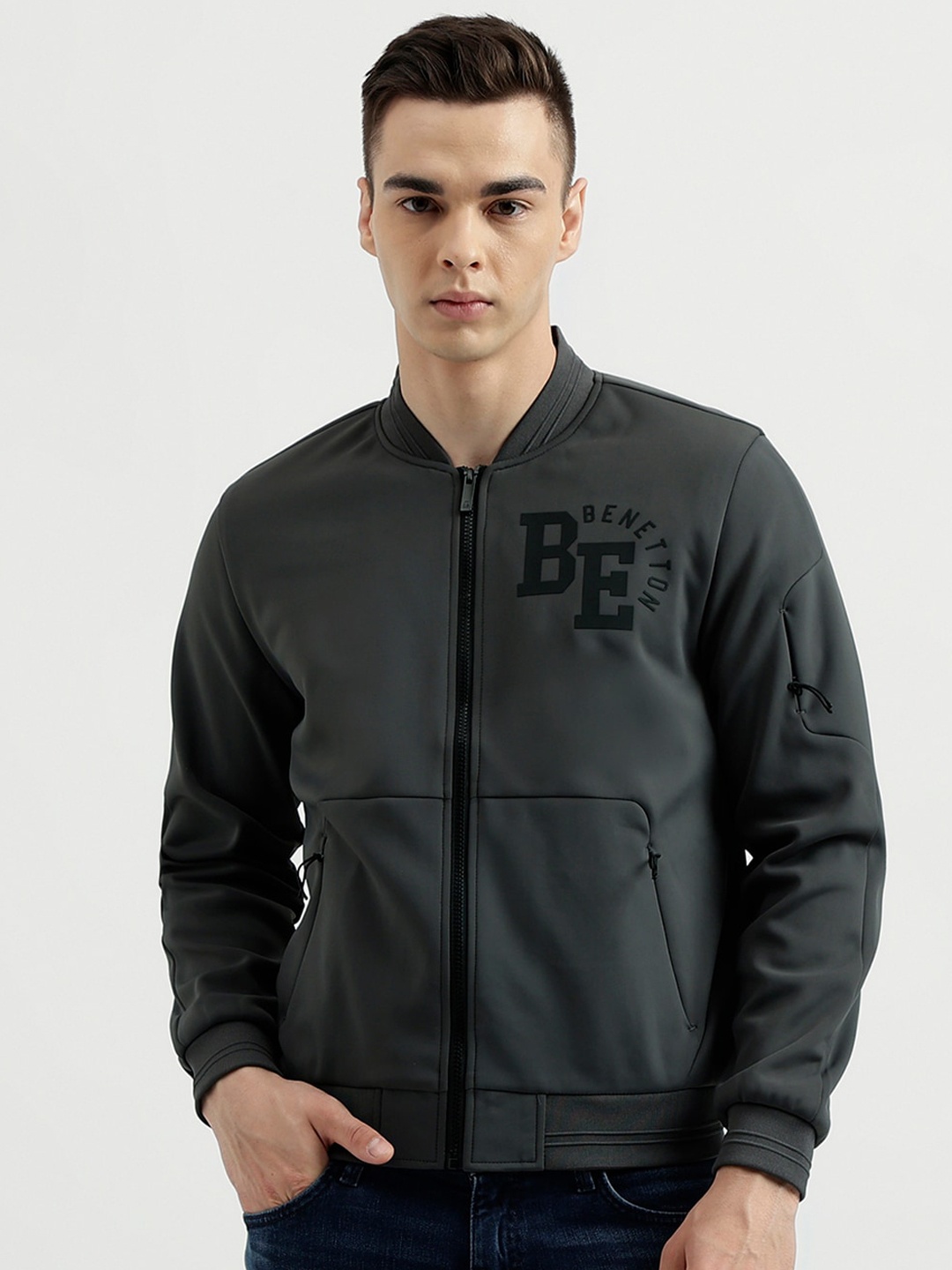 

United Colors of Benetton Typography Printed Stand Collar Bomber Jacket, Grey