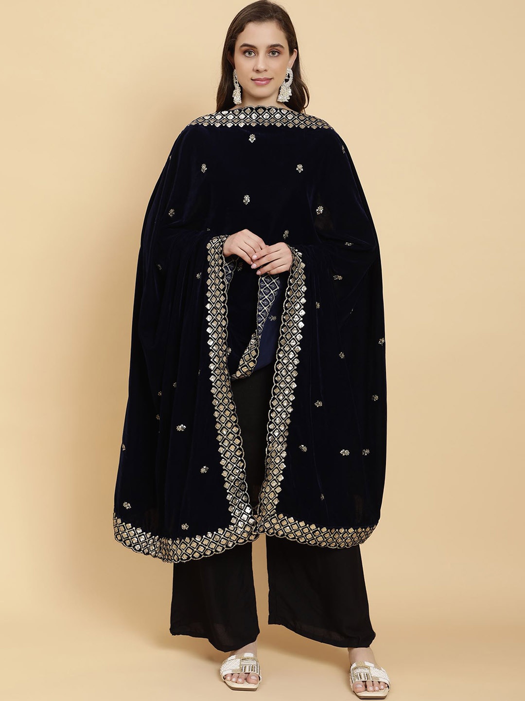 

Moda Chales Floral Embroidered Velvet Shawl, Navy blue