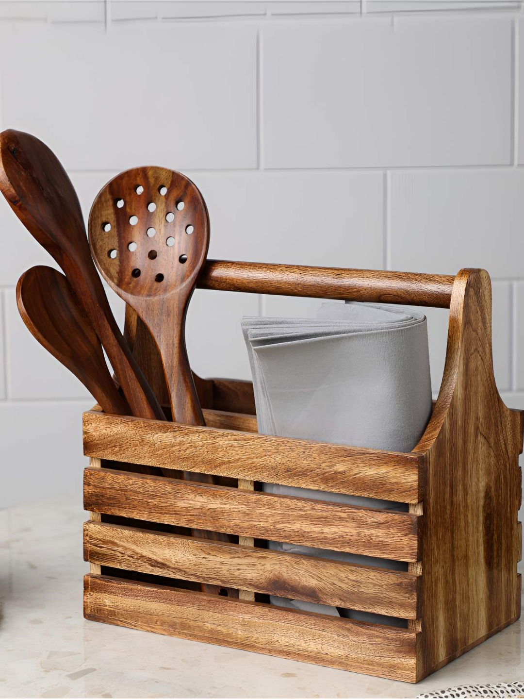 

dudki Brown Textured Wooden Cutlery Holder