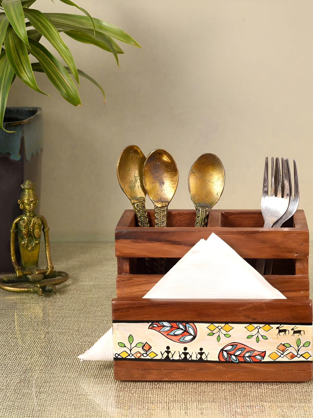 

dudki Brown Warli Life Crafted Wooden Cutlery Holder