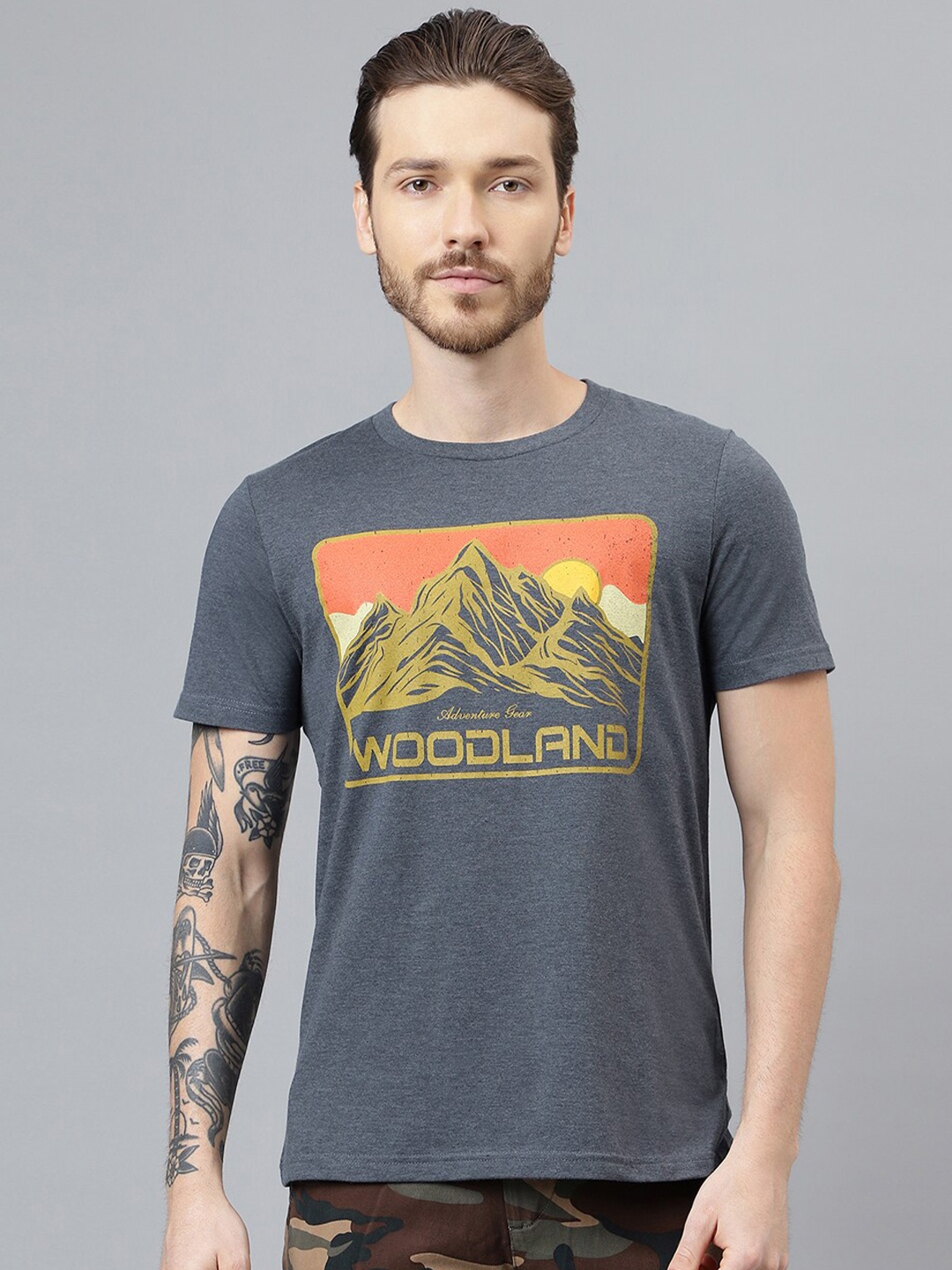 

Woodland Graphic Printed Round Neck T-shirt, Grey melange