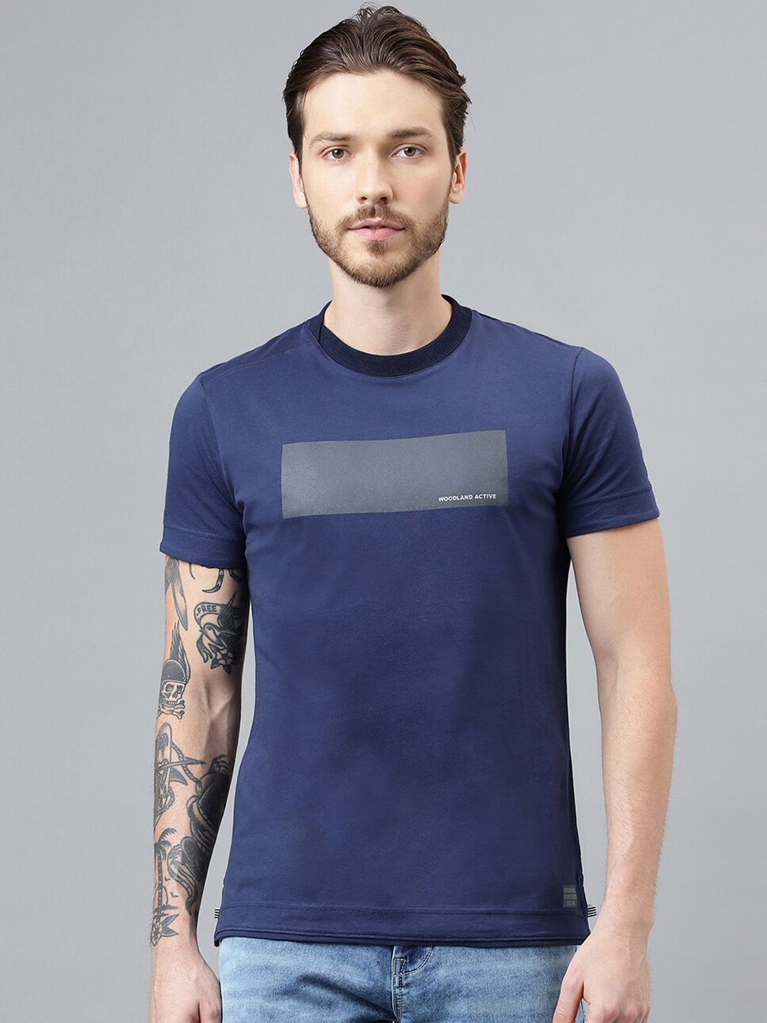 

Woodland Geometric Printed Pure Cotton T-shirt, Navy blue