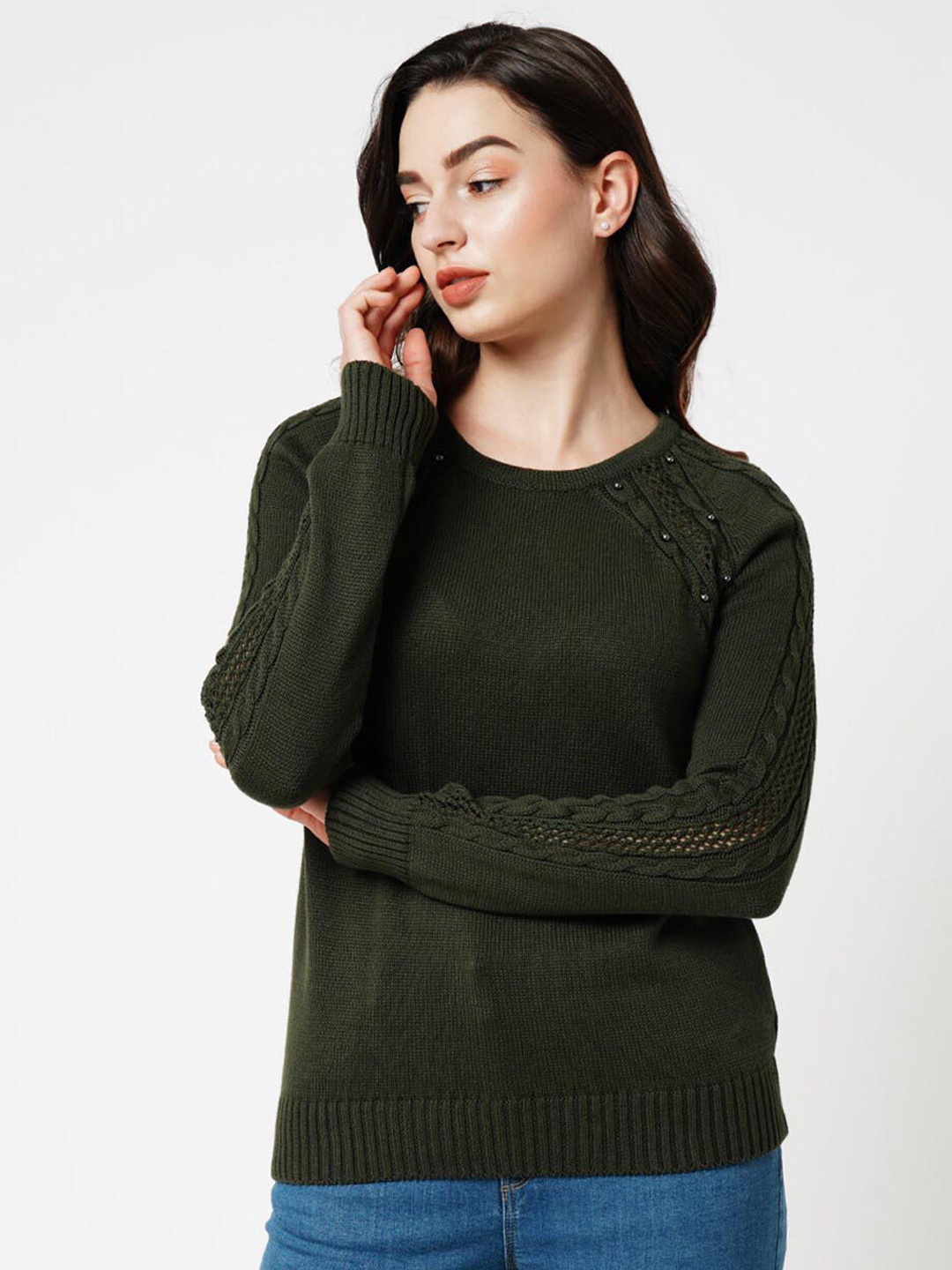 

ONLY Cable Knit Self Design Embellished Detail Pure Cotton Pullover Sweater, Green