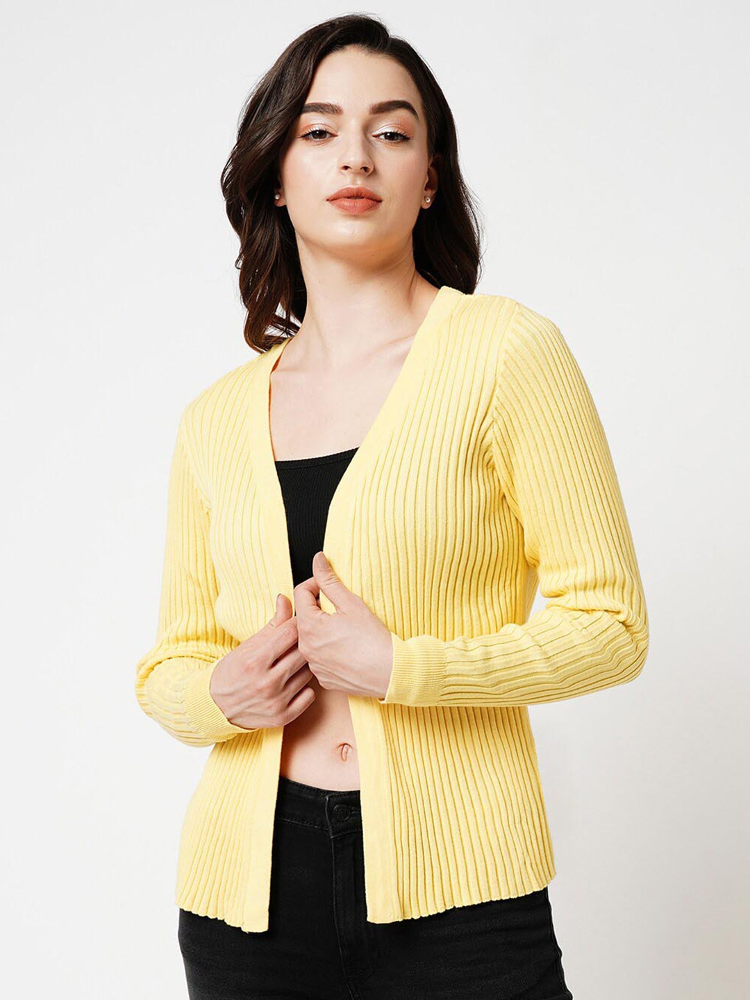 

ONLY Ribbed V-Neck Pure Cotton Front-Open Sweater, Yellow