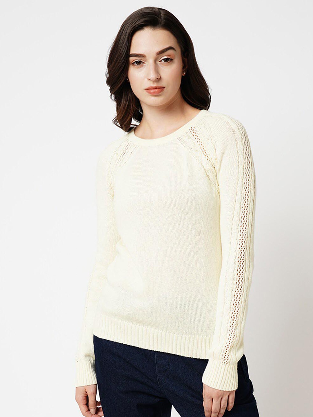 

ONLY Open Knit Self Design Embellished Detail Pullover Sweater, Beige