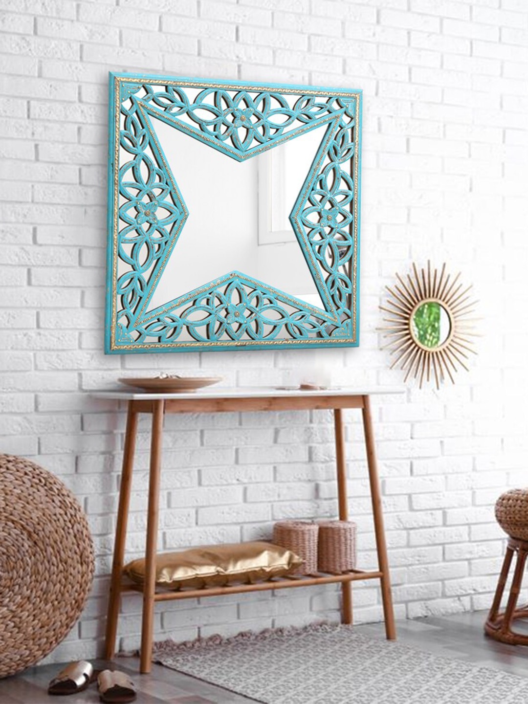 

Artisans Rose Blue Distressed Carved Vintage Square Shaped Wooden Wall Mirror