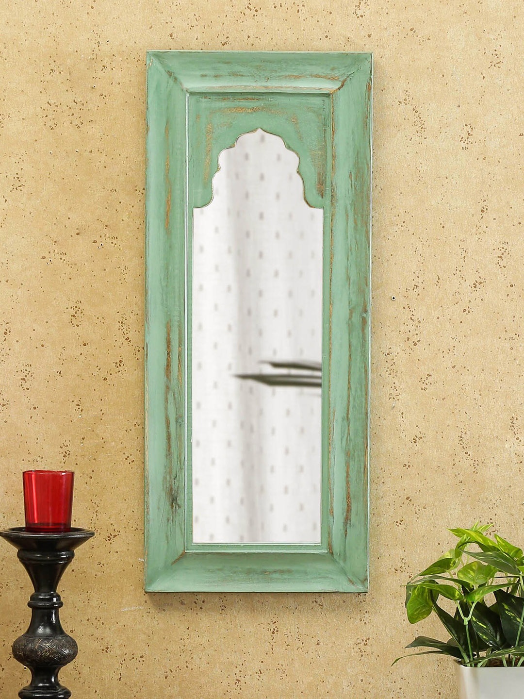 

Artisans Rose Green Rectangle Shaped Wooden Minaret Wall Mirror