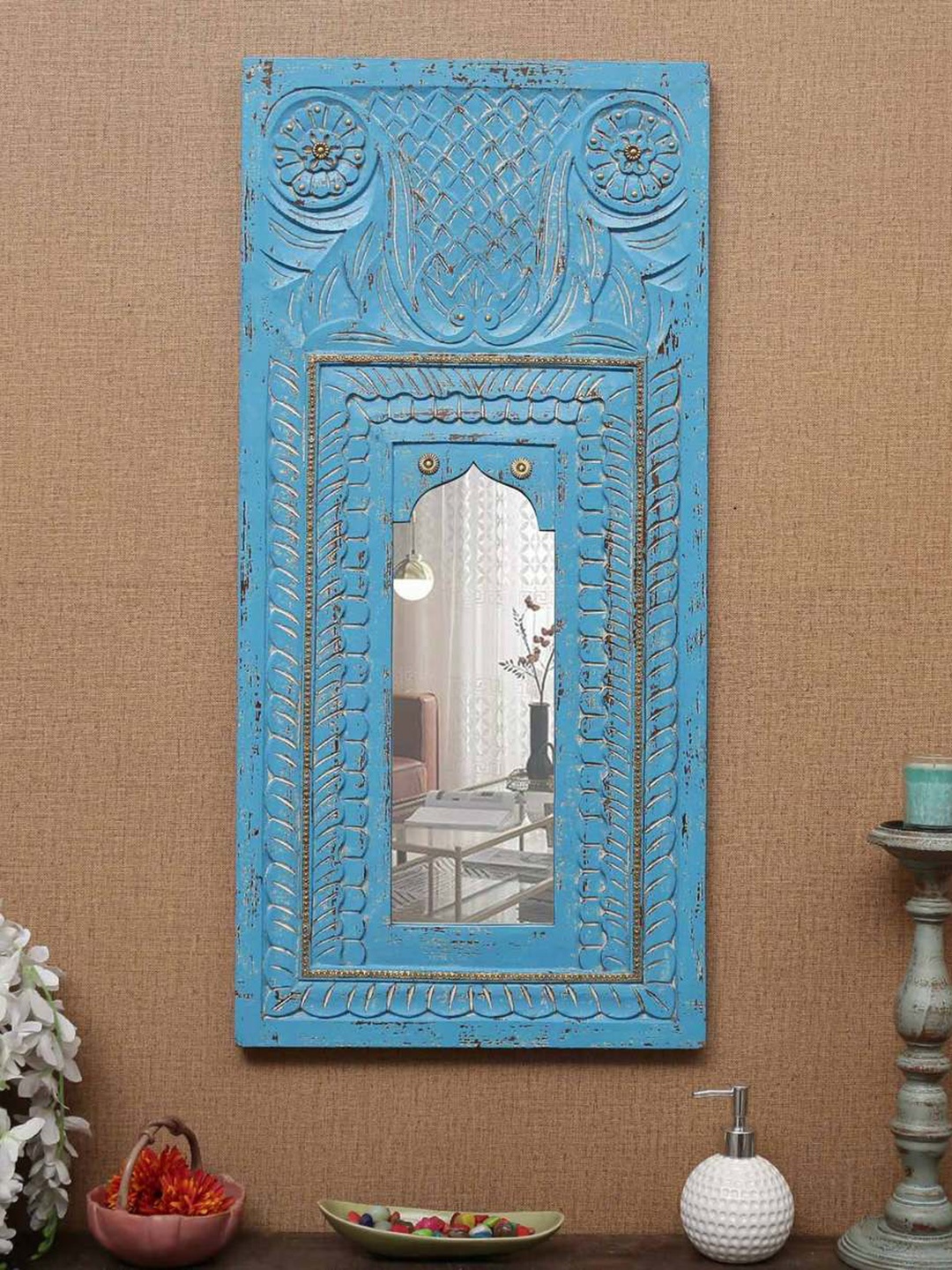 

Artisans Rose Blue Carved Rectangular Wooden Minaret Wall Mirror