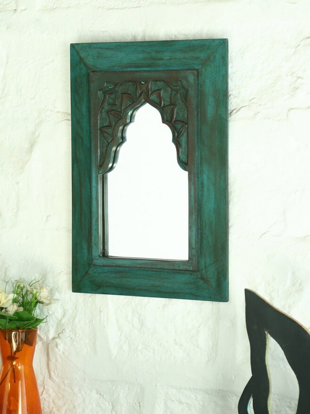

Artisans Rose Green Carved Vintage Rectangular Wooden Minaret Wall Mirror