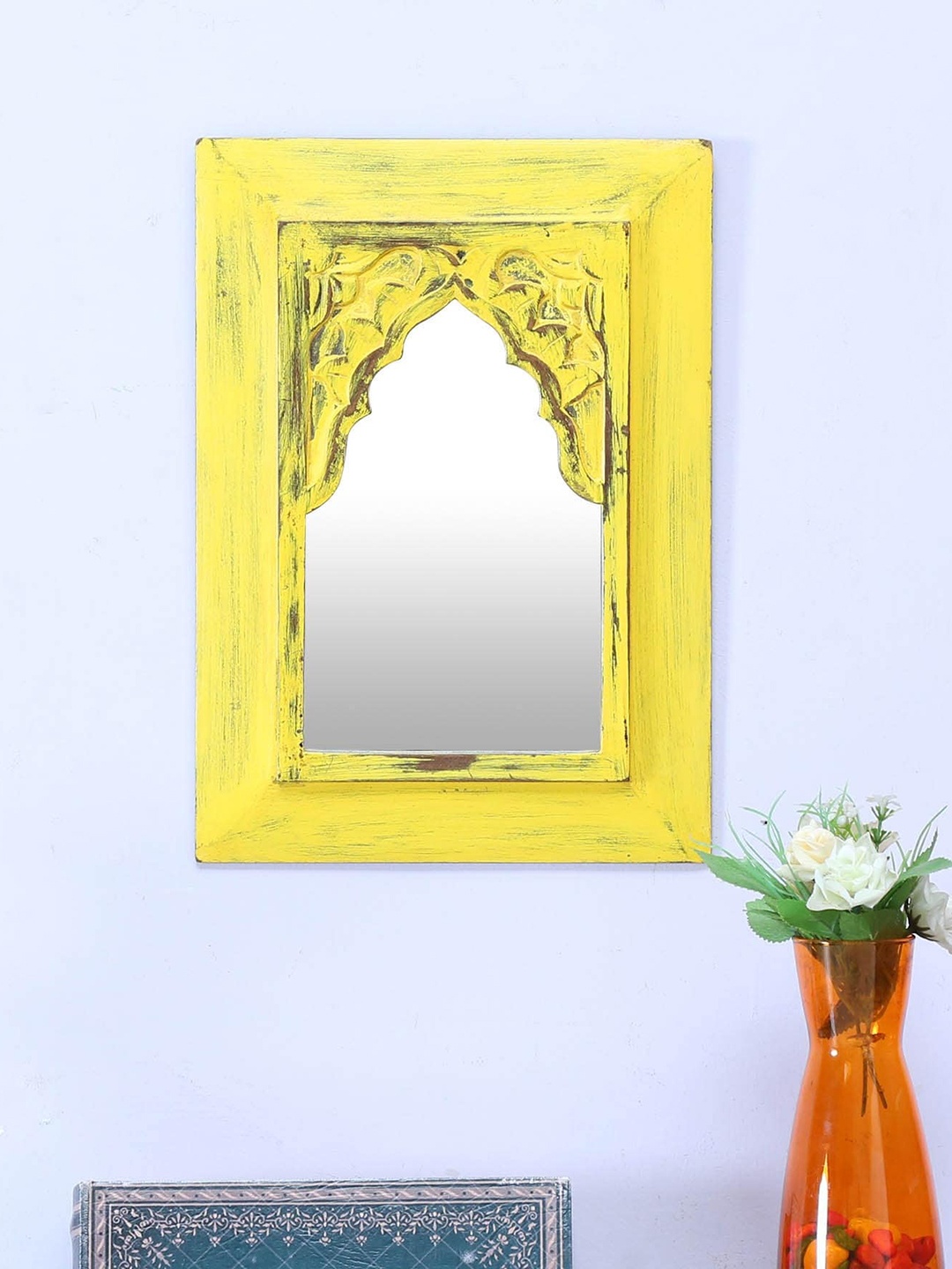 

Artisans Rose Yellow Carved Vintage Rectangular Wooden Minaret Wall Mirror