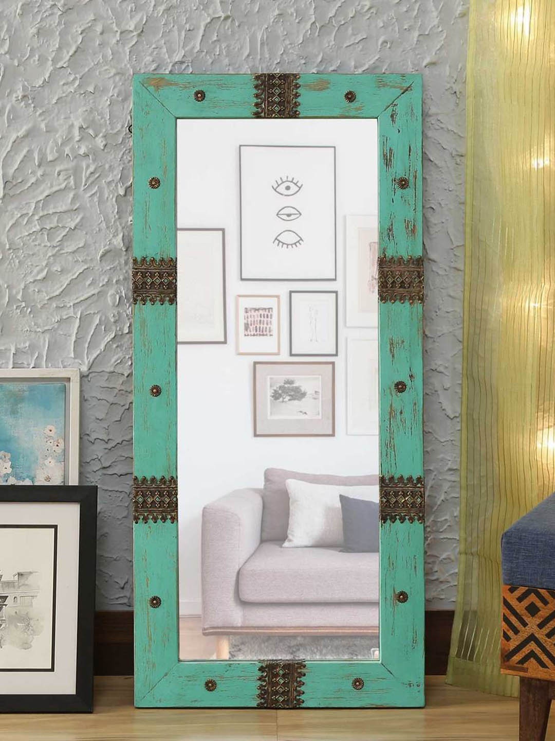 

Artisans Rose Teal Blue & Brown Argus Full Length Rectangular Wooden Wall Mirror