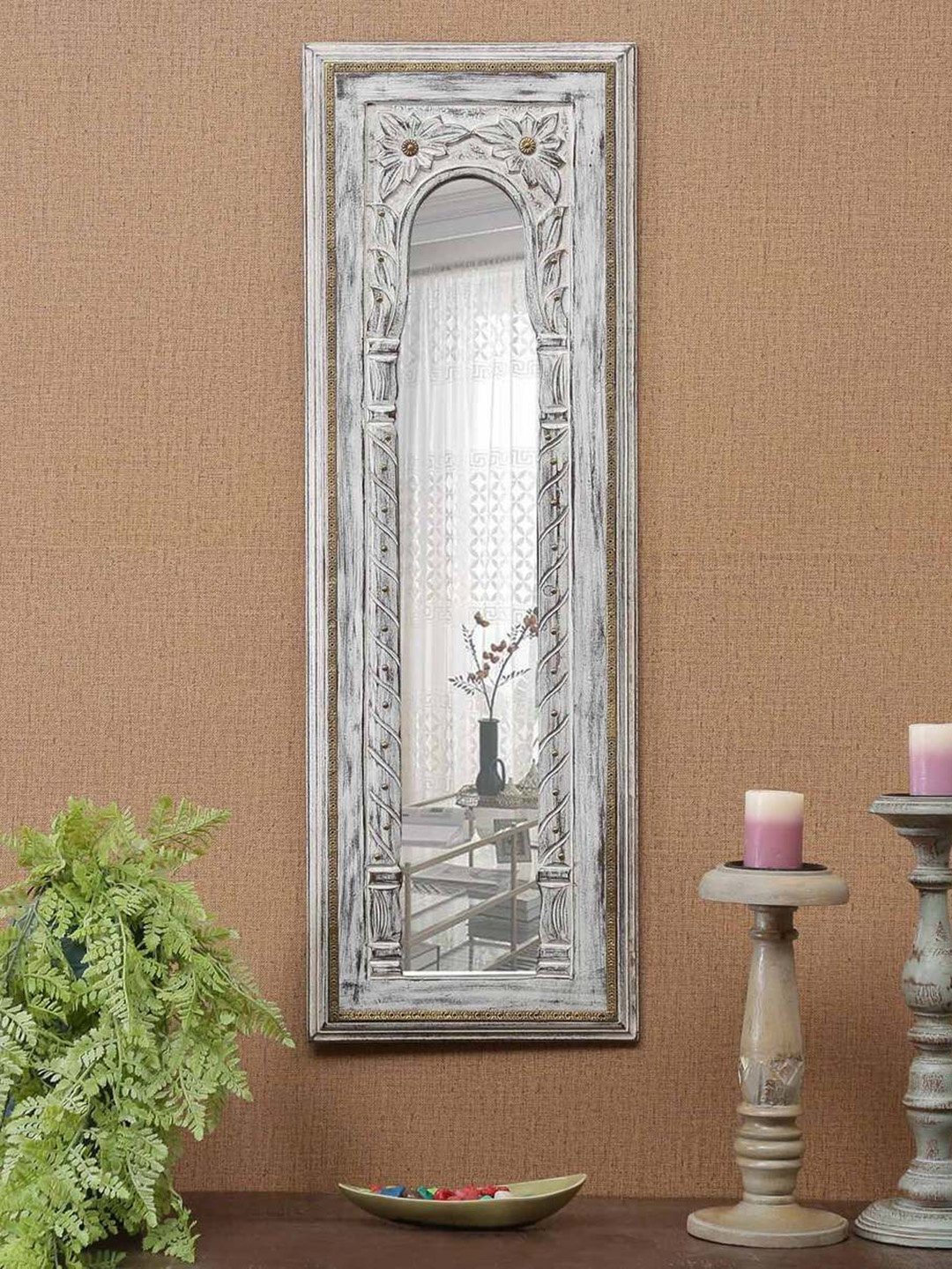 

Artisans Rose White Carved Distressed Rectangular Wooden Wall Mirror