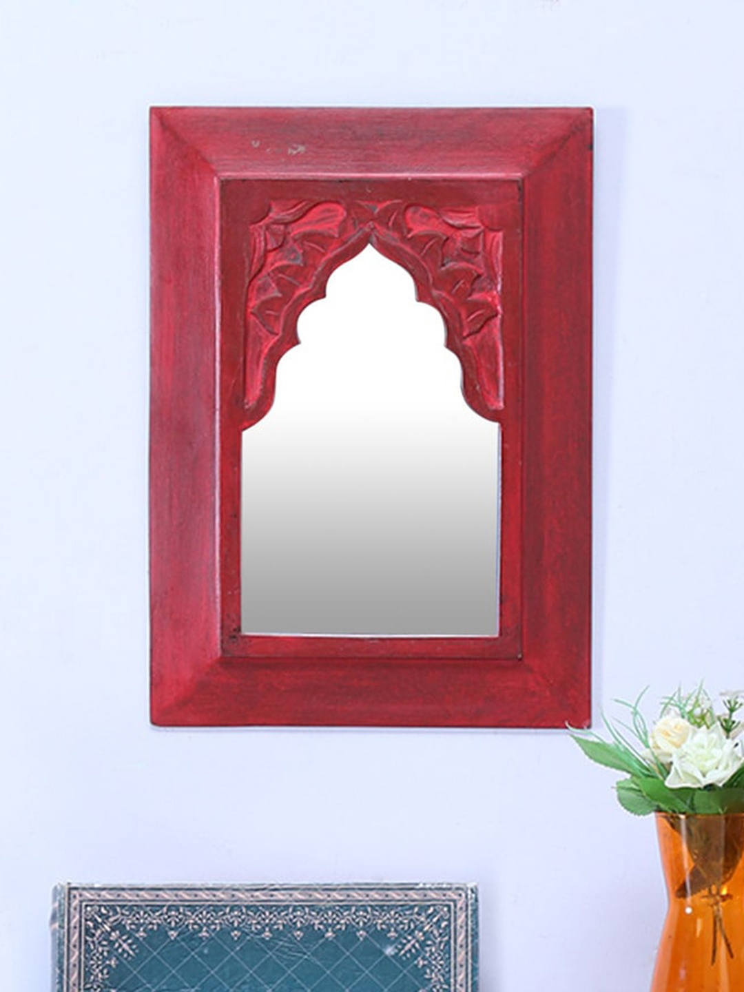 

Artisans Rose Red Carved Vintage Rectangular Wooden Minaret Wall Mirror