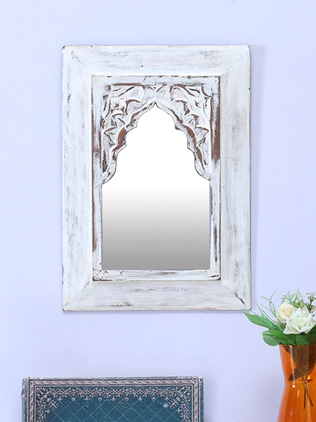 

Artisans Rose White Carved Vintage Rectangular Wooden Minaret Wall Mirror
