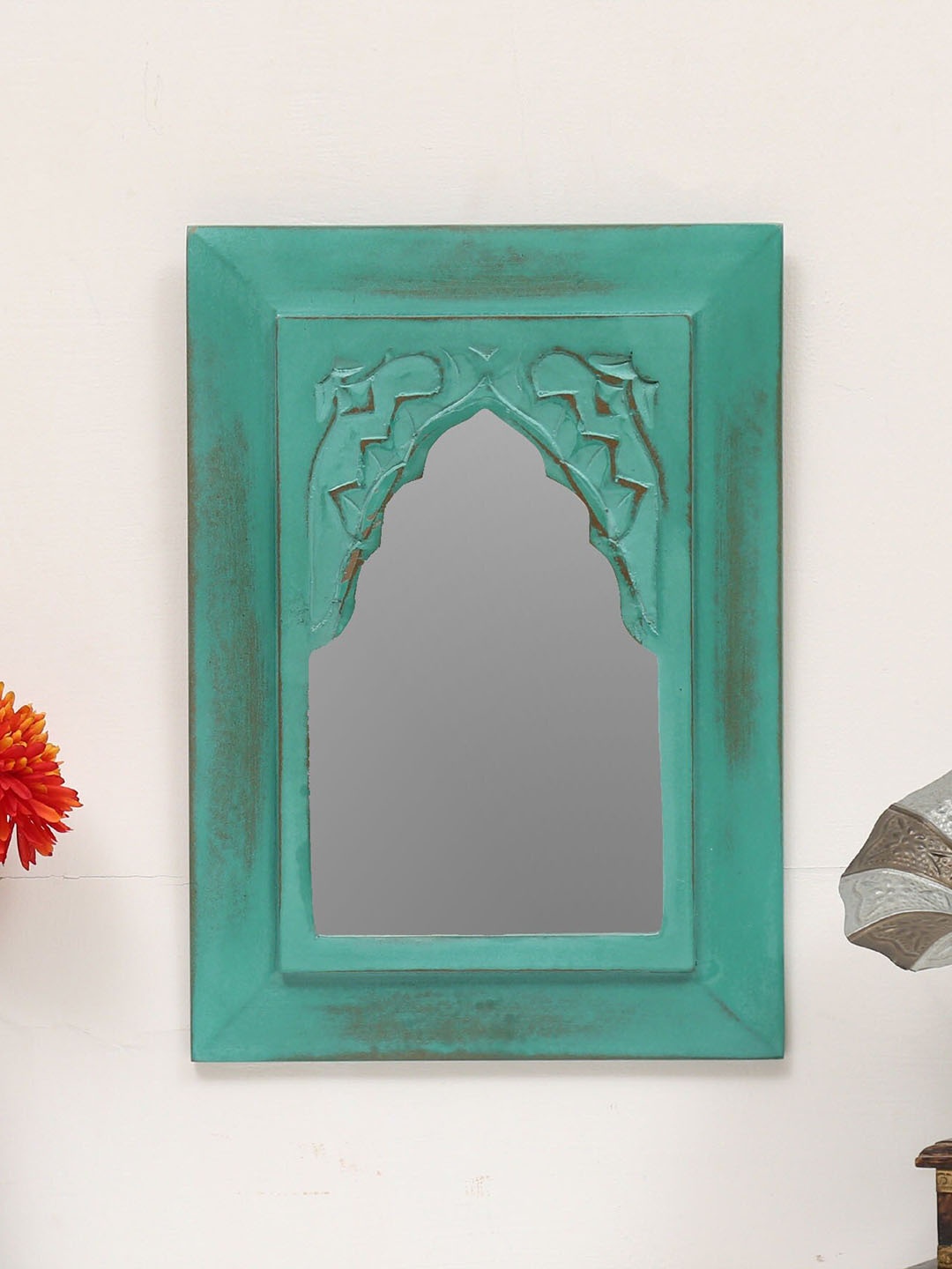 

Artisans Rose Teal Carved Vintage Rectangular Wooden Minaret Wall Mirror
