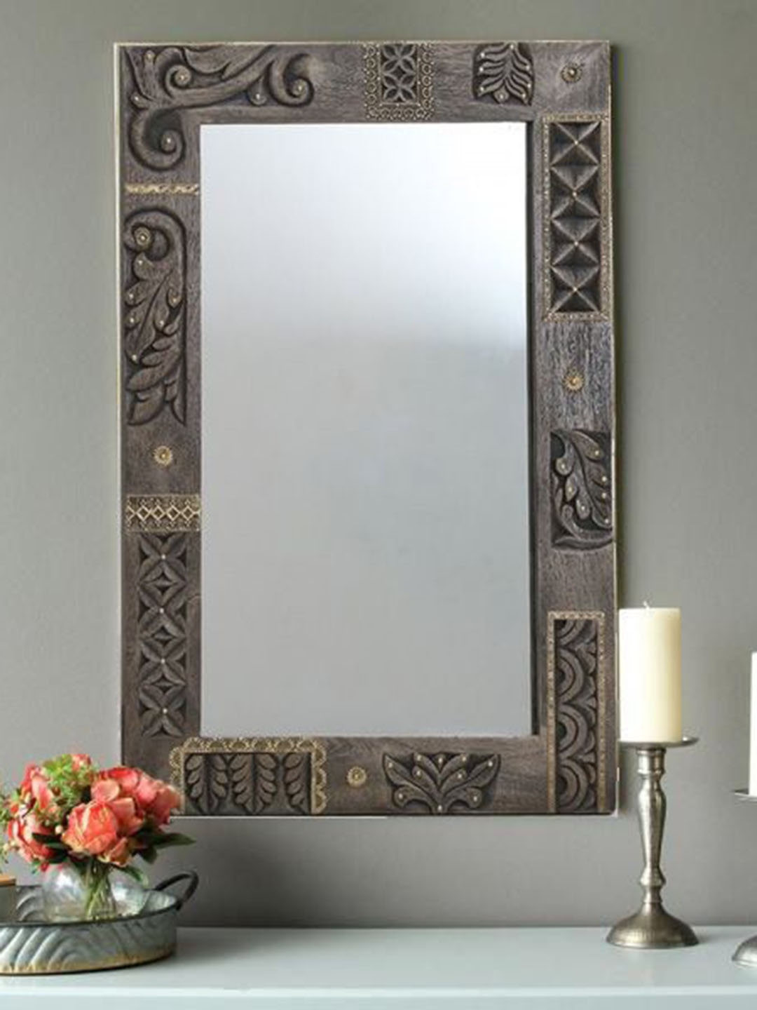 

Artisans Rose Grey Carved Rustic Style Rectangular Wooden Wall Mirror