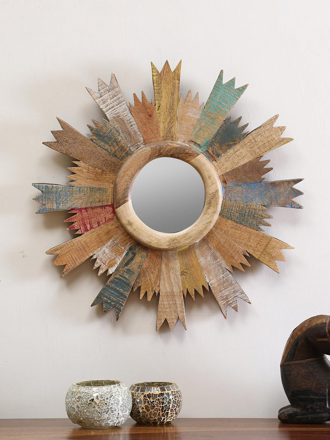 

Artisans Rose Brown & Beige Wooden Cartwheel Wall Mirror
