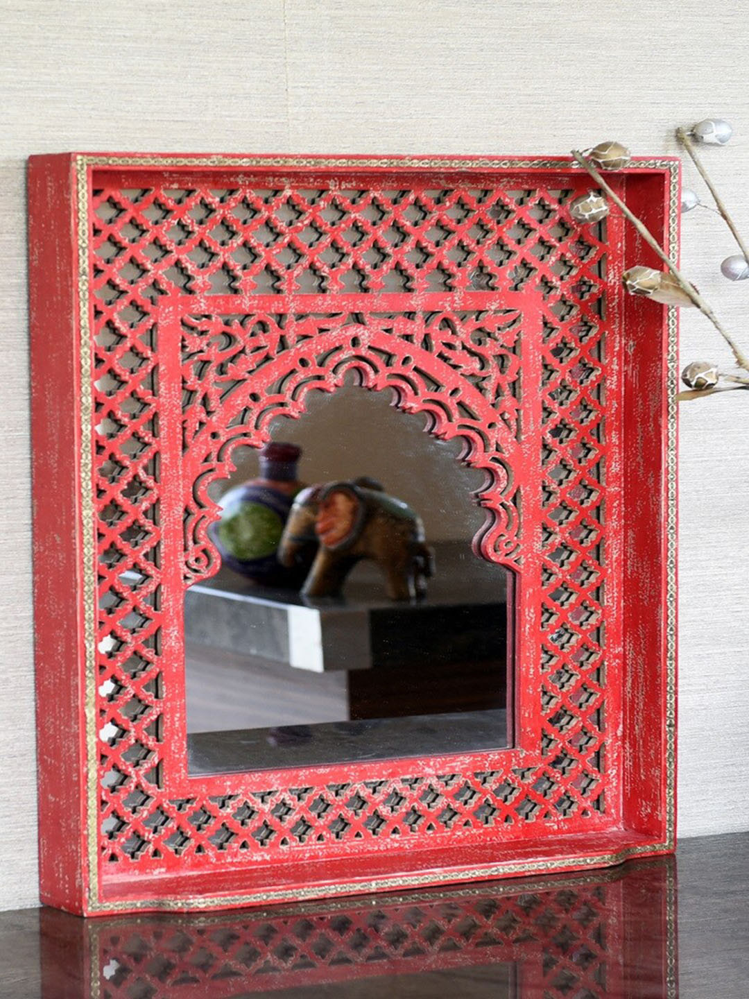 

Artisans Rose Red Decorative Carved Vintage Rectangular Wooden Wall Mirror