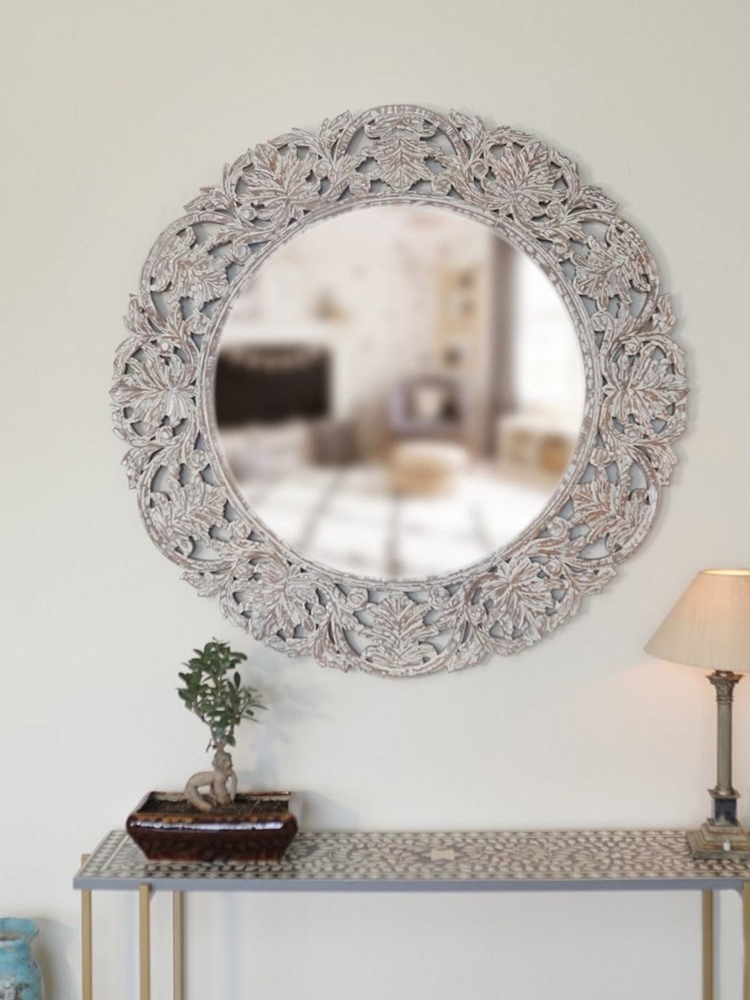 

Artisans Rose White & Brown Orolia Carved Circular Wooden Wall Mirror