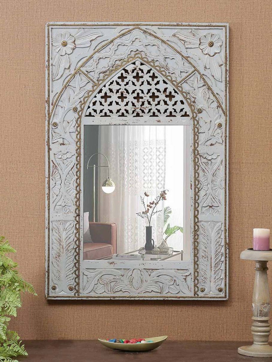 

Artisans Rose Grey Imrana Carved Vintage Rectangular Wooden Minaret Style Wall Mirror