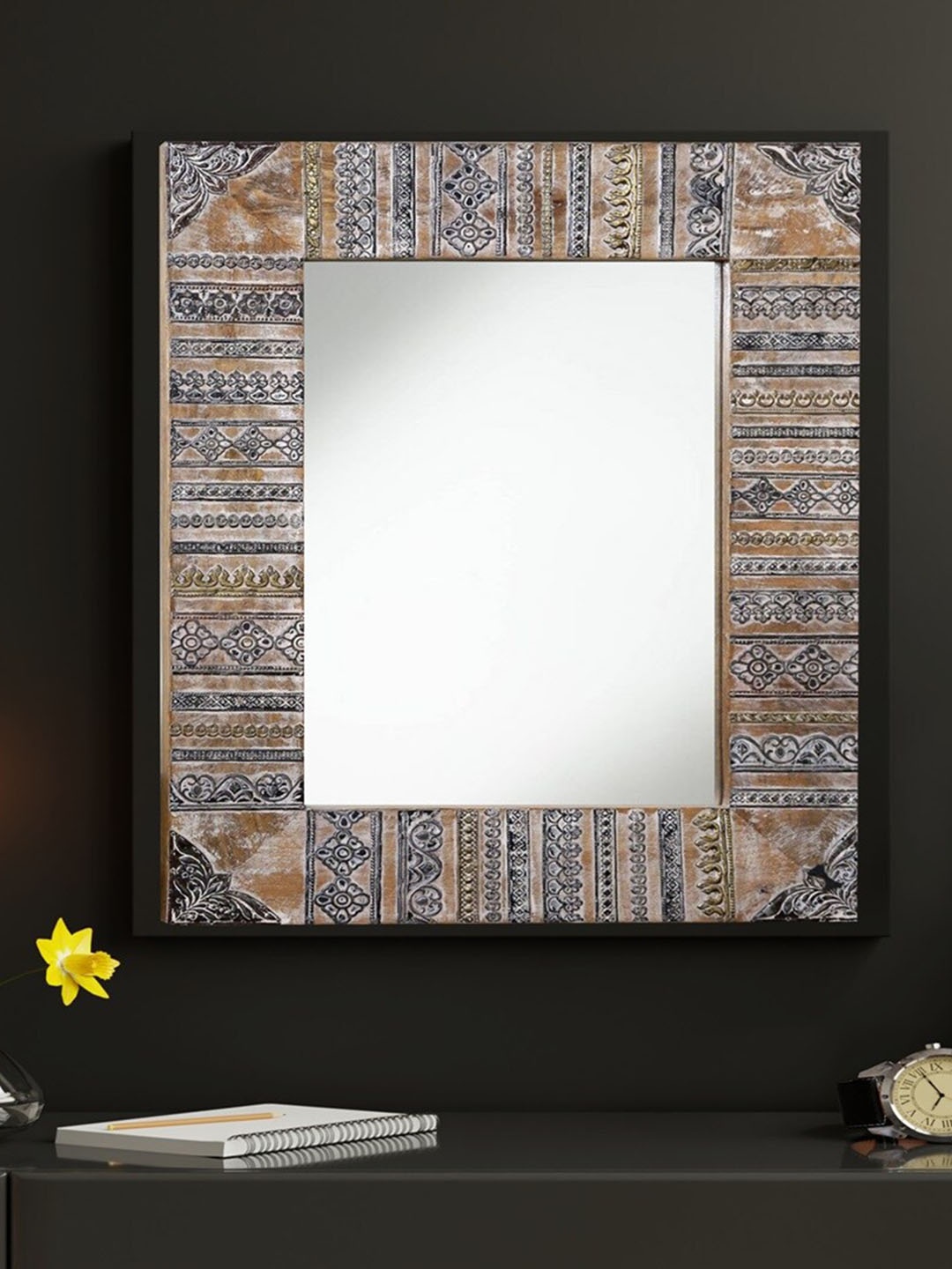 

Artisans Rose Beige & Black Cheop Metal Carved Rectangular Wooden Wall Mirror