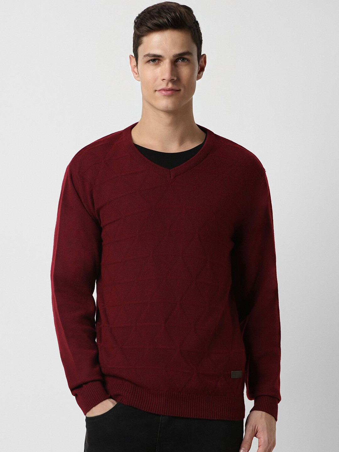 

Peter England Casuals Geometric Self Design V-Neck Long Sleeves Pullover Sweater, Maroon