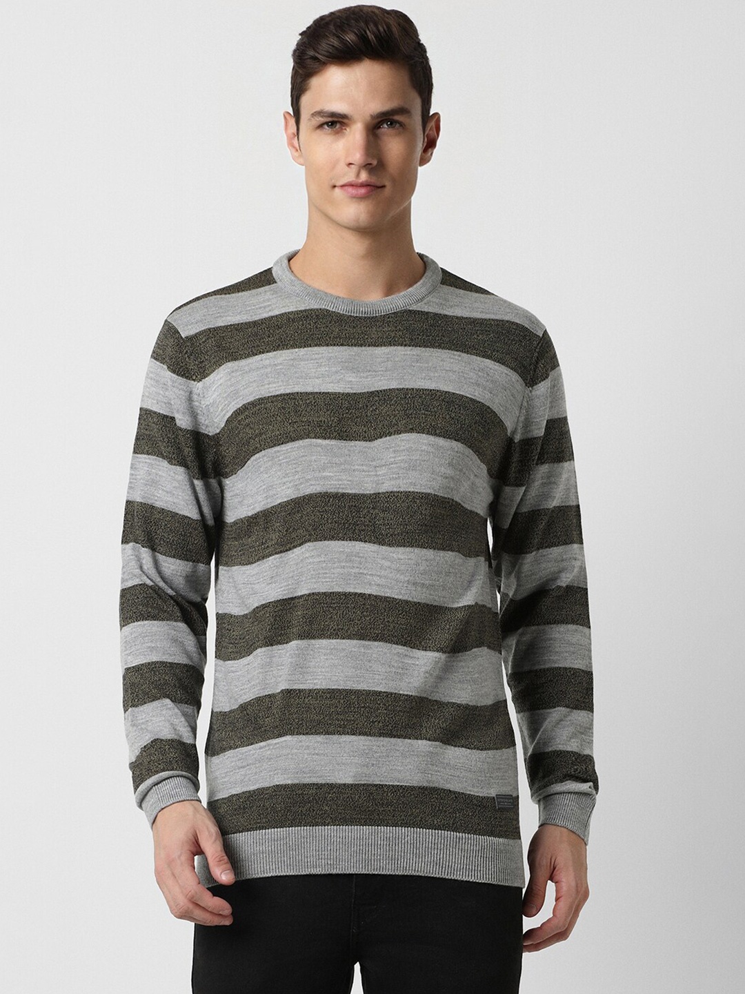 

Peter England Casuals Striped Round Neck Long Sleeves Acrylic Pullover Sweater, Grey