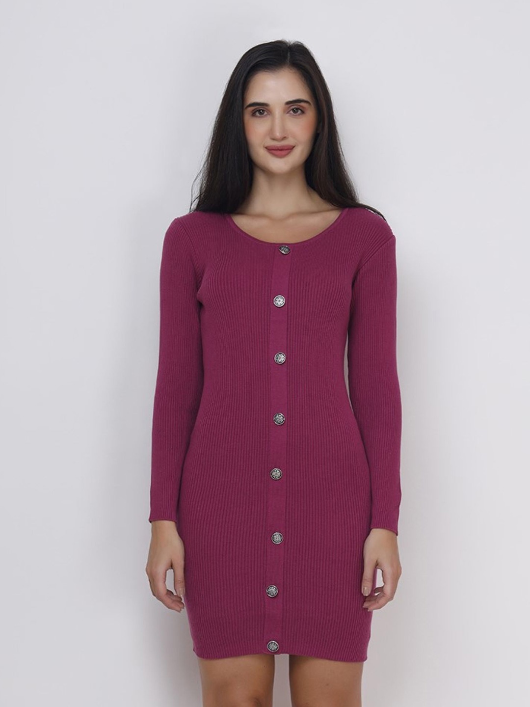 

Chemistry Self Designed Round Neck Cotton Bodycon Dress, Purple