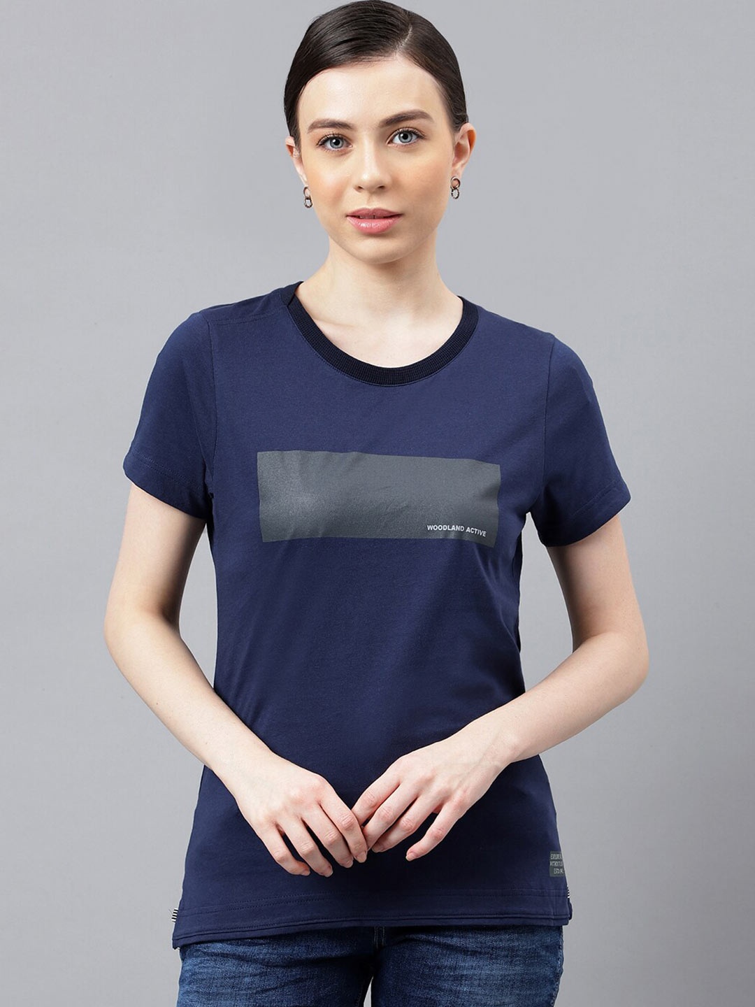 

Woodland Colourblocked Cotton Casual T-shirt, Navy blue
