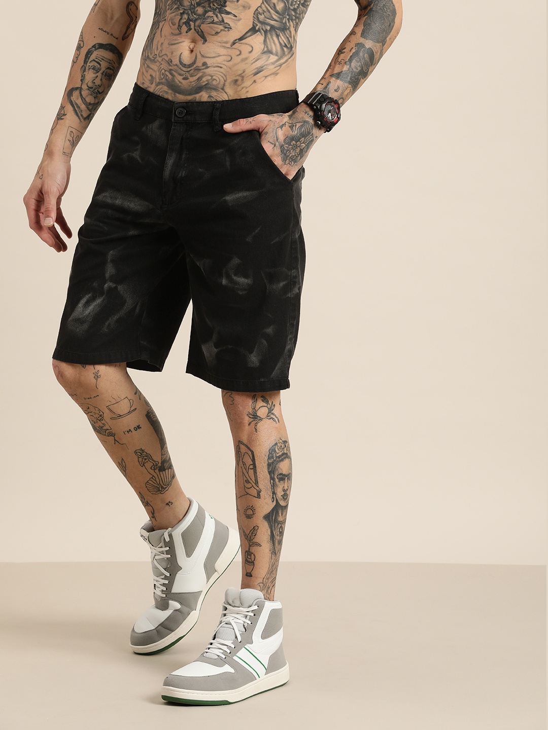 

HERE&NOW Men Printed Pure Cotton Shorts, Black
