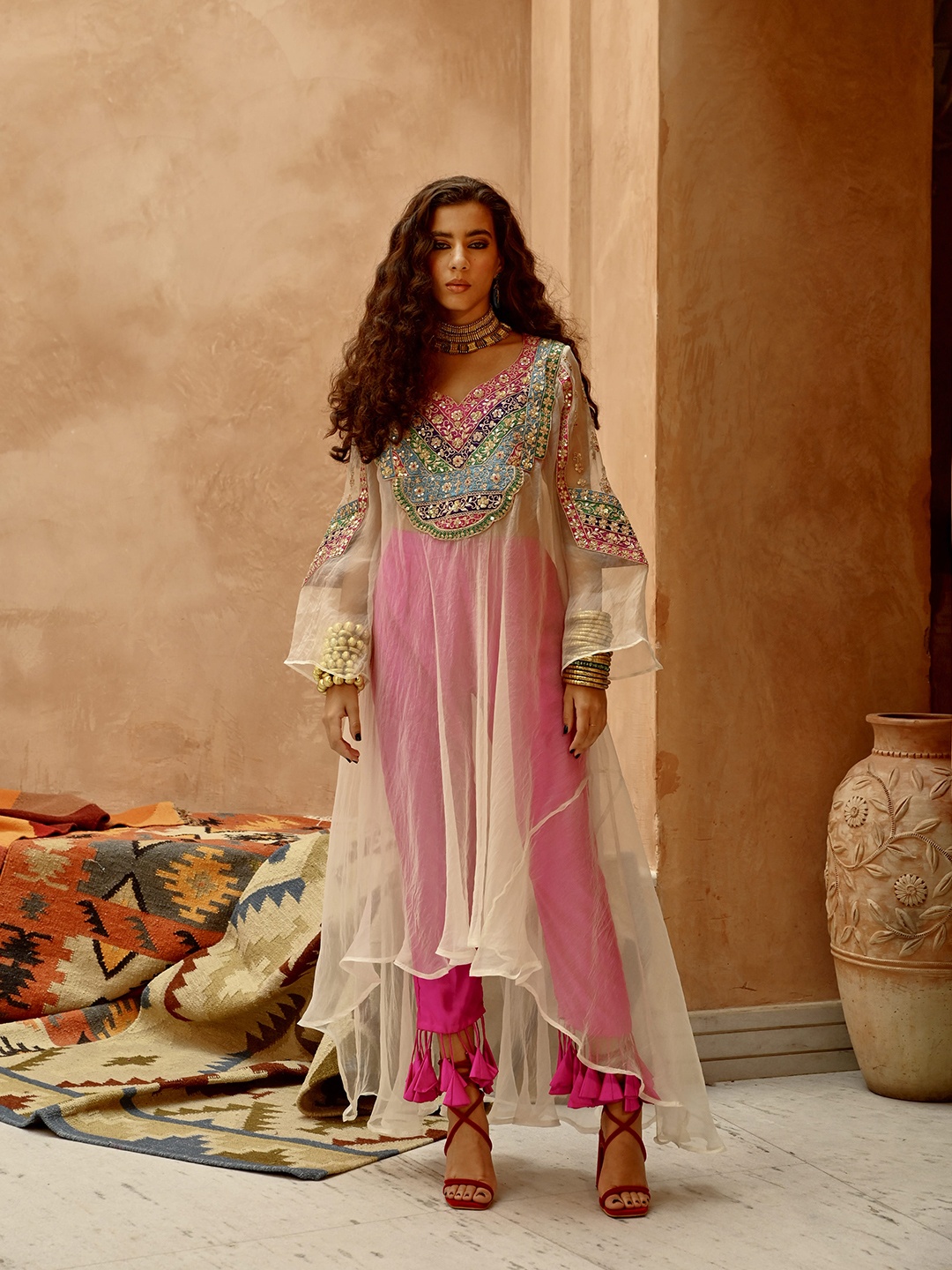 

Pallavi Jaipur Yoke Design Afghani Kurta With Short Kurti & Dorri Tassel Trouser, Fuchsia