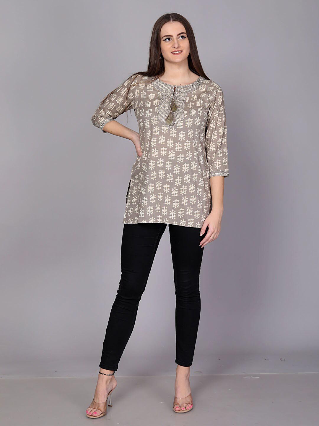

KALINI Ethnic Motifs Printed Tie-Up Neck Sequinned Detailed Pure Cotton Straight Kurti, Grey